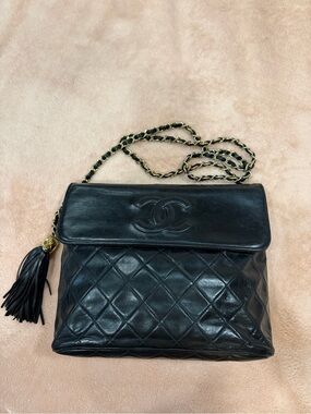 CHANEL Black Quilted Lambskin Leather Vintage Flap Bag with Tassel and Chain